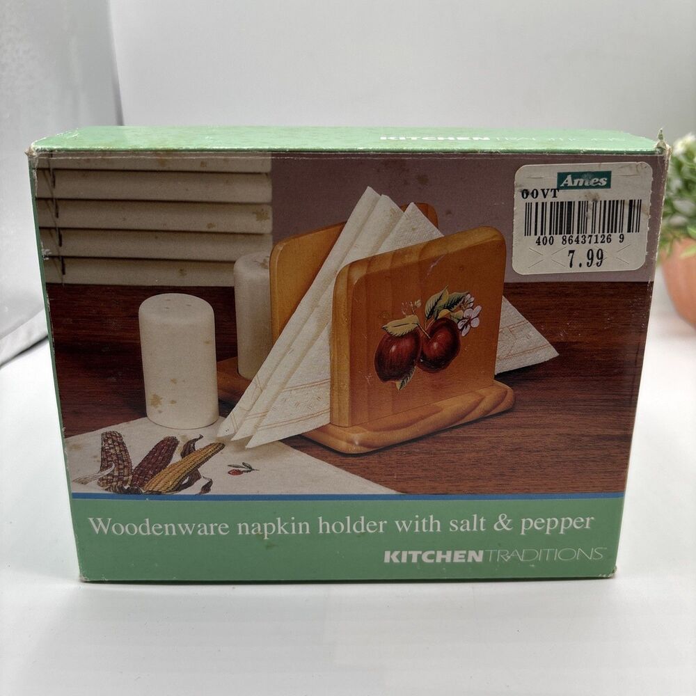 Vtg Woodenware Apple Napkin Holder & Salt & Pepper Country Cottage Decor NEW